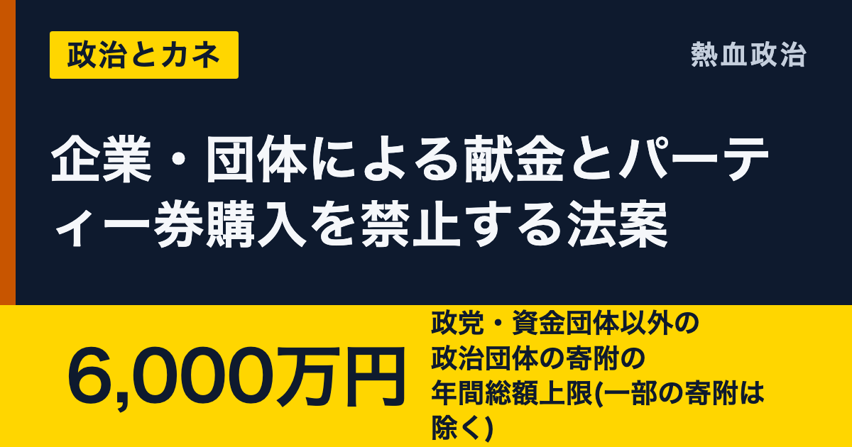 企業・団体による献金とパーティー券購入を禁止する法案|6,000万円 政党・資金団体以外の政治団体の寄附の年間総額上限(一部の寄附は除く)