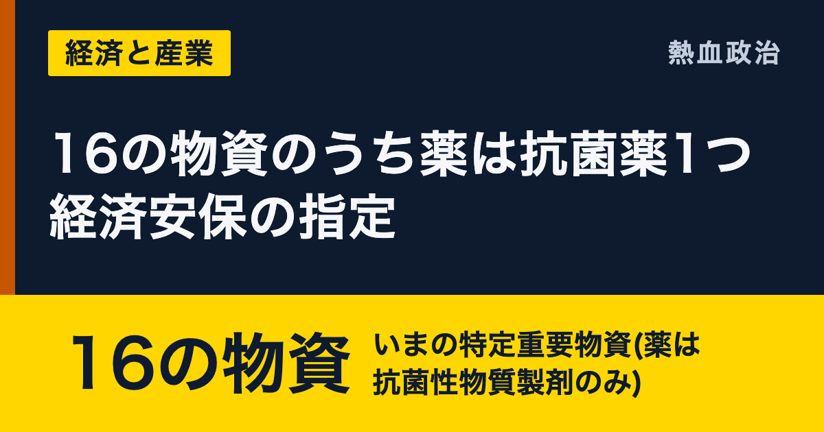 16の物資のうち薬は抗菌薬1つ 経済安保の指定|16の物資 いまの特定重要物資(薬は抗菌性物質製剤のみ)