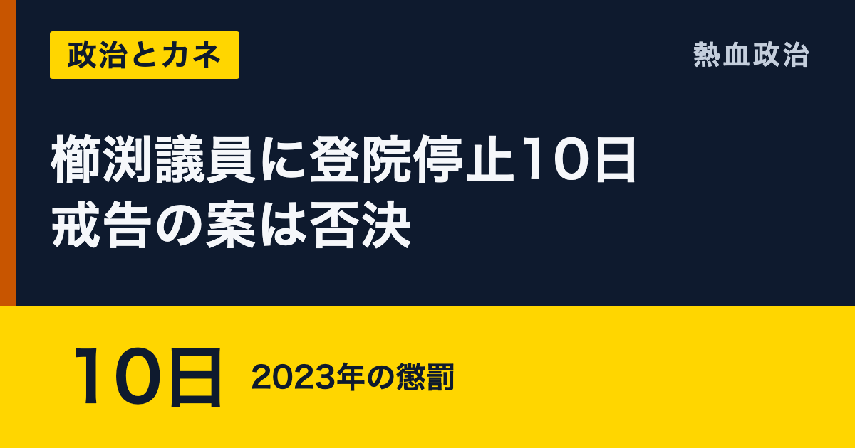 櫛渕議員に登院停止10日 戒告の案は否決|10日 2023年の懲罰