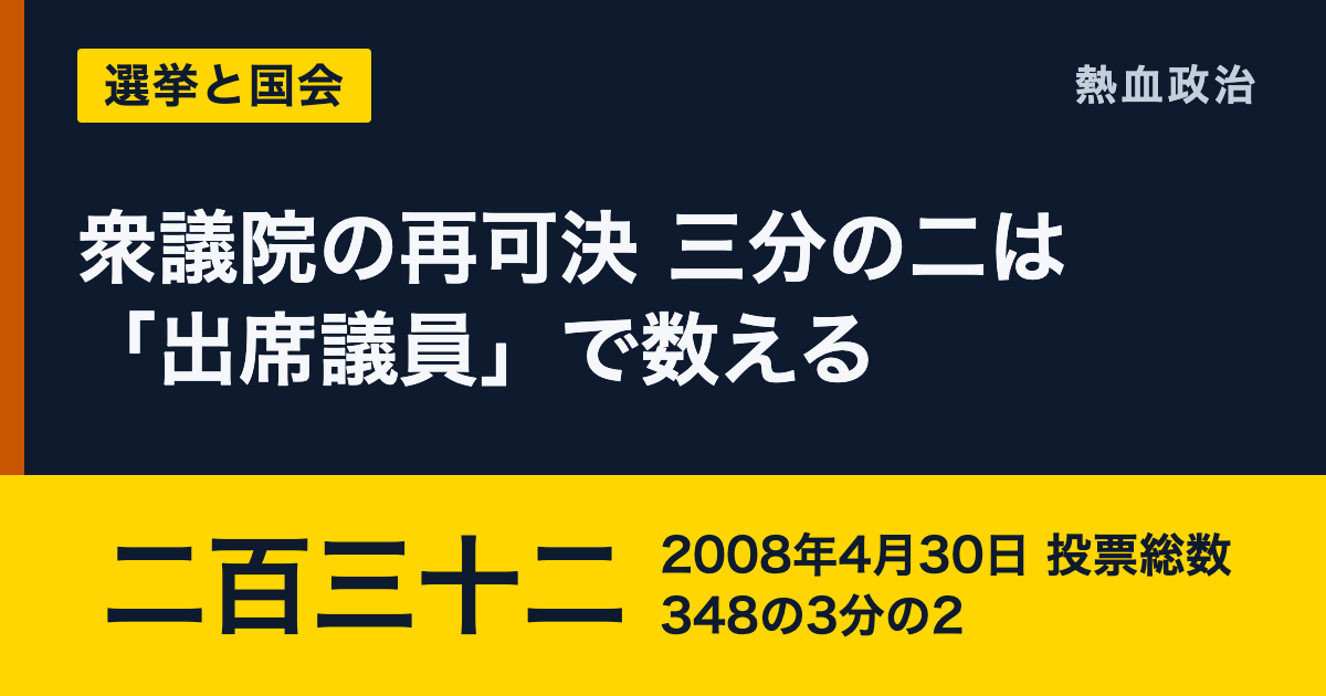 衆議院の再可決 三分の二は「出席議員」で数える|二百三十二 2008年4月30日 投票総数348の3分の2